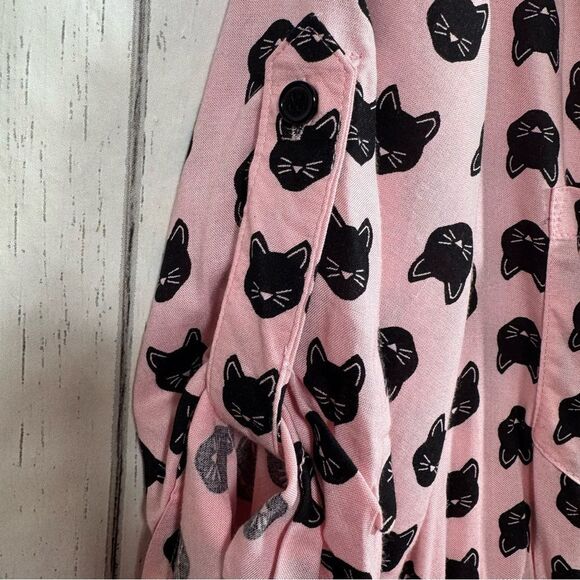Mimi Chica Womens Cat Print Button Down Pink Black V Neck Belted Mini Dress - Picture 5 of 16